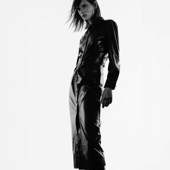 NWOT Zara black faux leather gathered waist button-up collared shirt dress, S - Picture 3 of 12